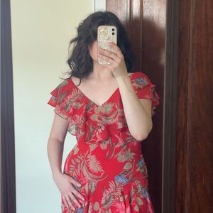 Wayf Red Floral Midi Dress with Ruffle V-Neck